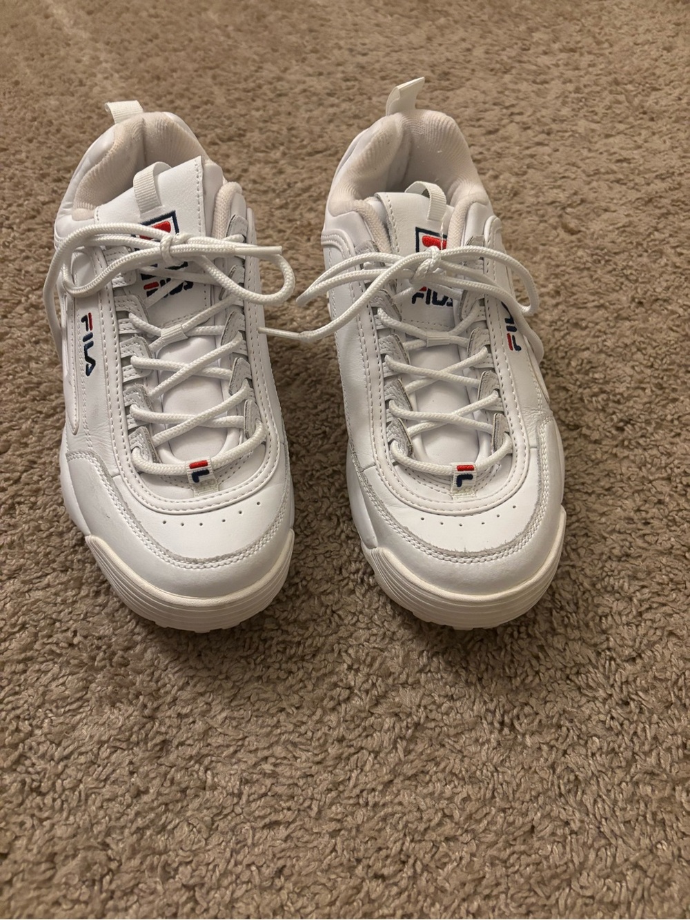 FILA White womans Chunky Lace-Up Sneakers with Red & Navy Accents